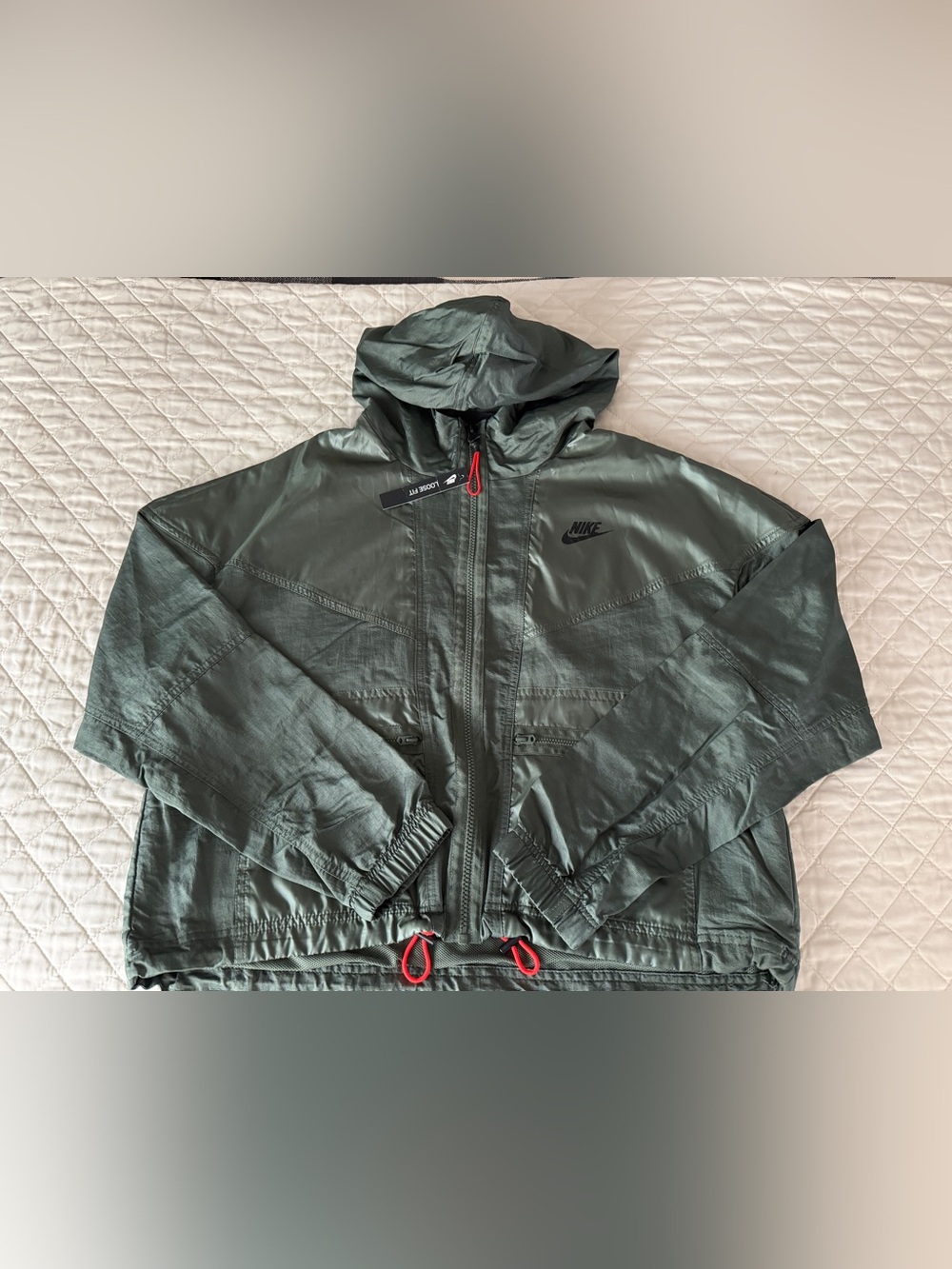 Nike Women’s Hooded Windbreaker Jacket - Olive Green with Orange Accents